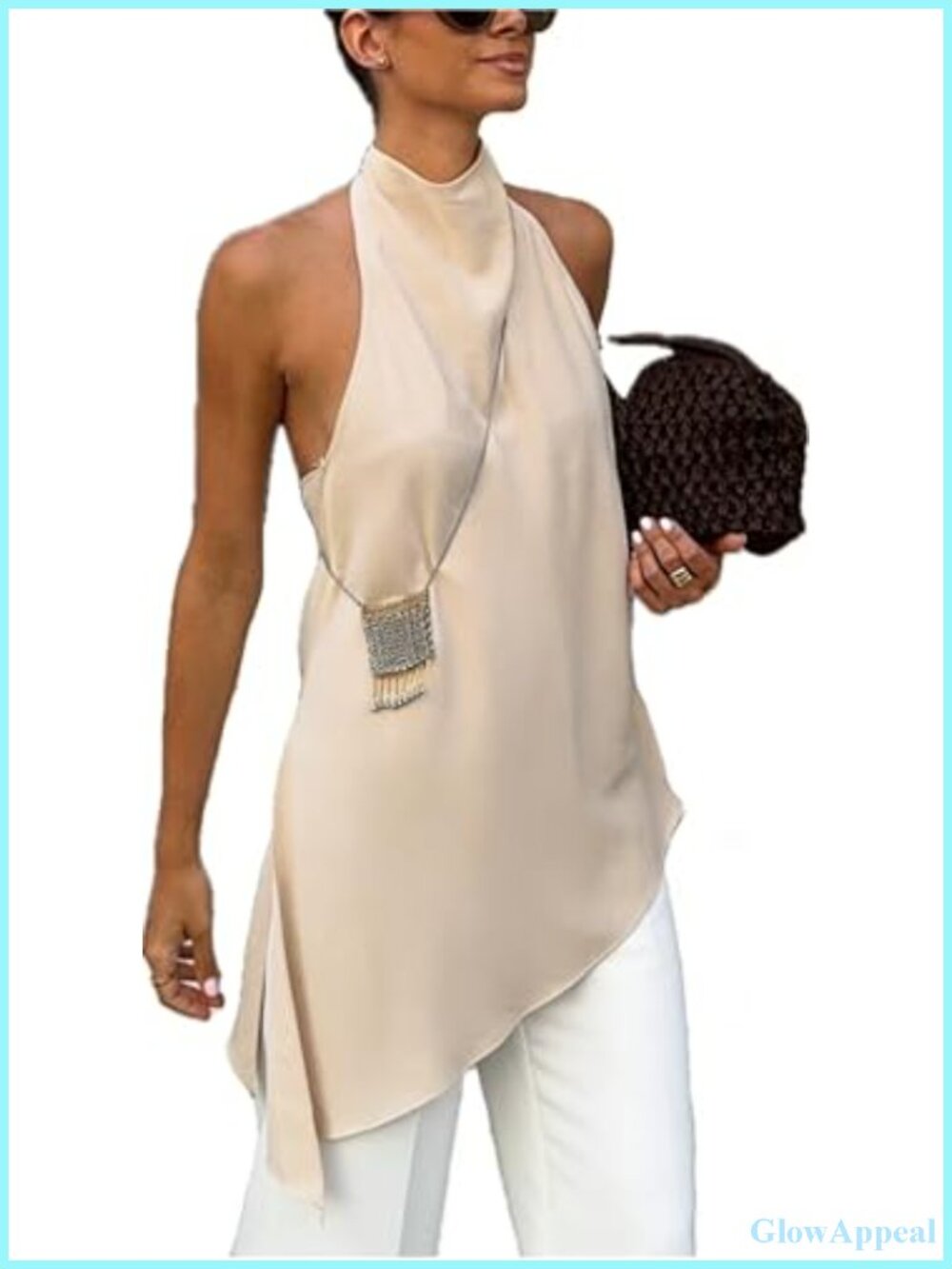 Satin Silk Cami Mock Neck Halter Top Asymmetric Backless Y2k Party Tank